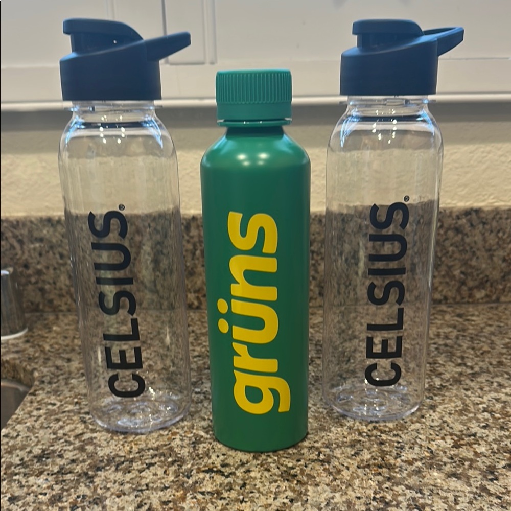 NWT- Promotional water Bottles    2 -Celsius and 1 Aluminum Green Grüns Bottle